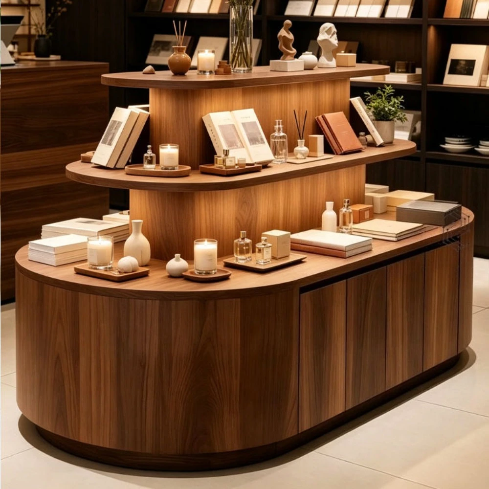 Office Furniture - Vitrine d'îlot multi-niveaux en bois de