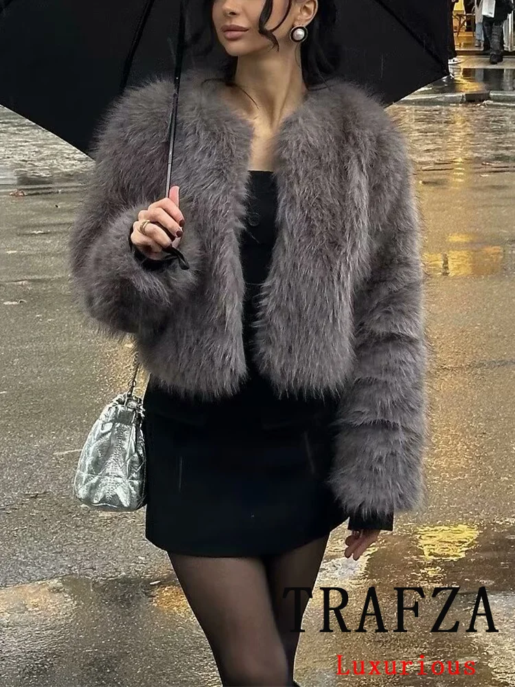 TRAFZA Vintage Faux Fur Chic Women Jackets Solid O-Neck Long Sleeve Covered Button Coat New Fashion 2024 Autumn Winter Outwear