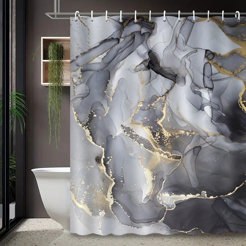 1pc Marble Pattern Shower Curtain, Suitable for Home Bathroom Decoration, Waterproof, Anti-mildew, with 12 Hooks, Polyester Fabr