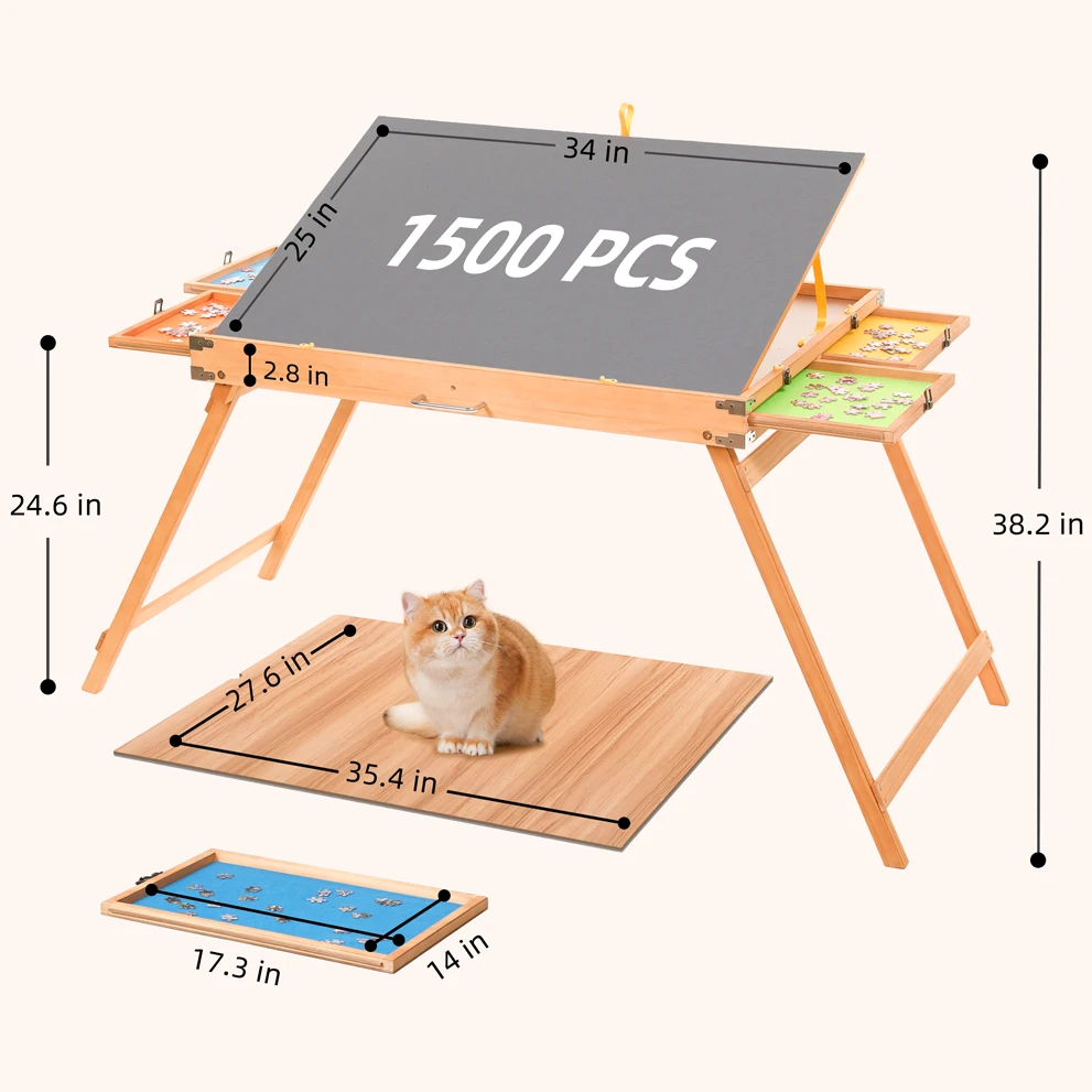 1500 طاولة ألغاز بأدراج وأرجل، طاولة ألغاز 34 بوصة × 26 بوصة قابلة للطي ومحمولة، مع غطاء خشبي لسهولة التخزين.