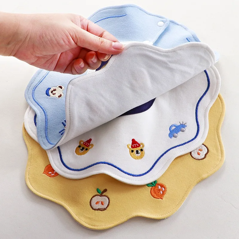 Pure Cotton Embroidery Printing Baby Bibs for Boy and Girl Newborn Feeding Food Snap Button Infant Saliva Towel Absorbent Cloth