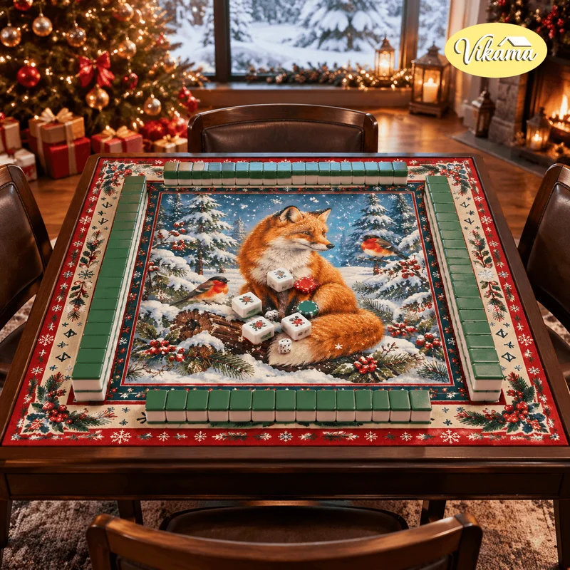 VIKAMA Christmas Mahjong Table Mat, Winter Snow Scene with Fox and Robin, Non-Slip Square Tablecloth, Holiday Party Home Decor