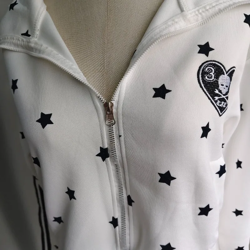 Kimotimo American Retro Star Printed Sweatshirt Women Spring Embroidery Long Sleeve Zipper Coat Sweet Casual Slim Y2k Crop Top