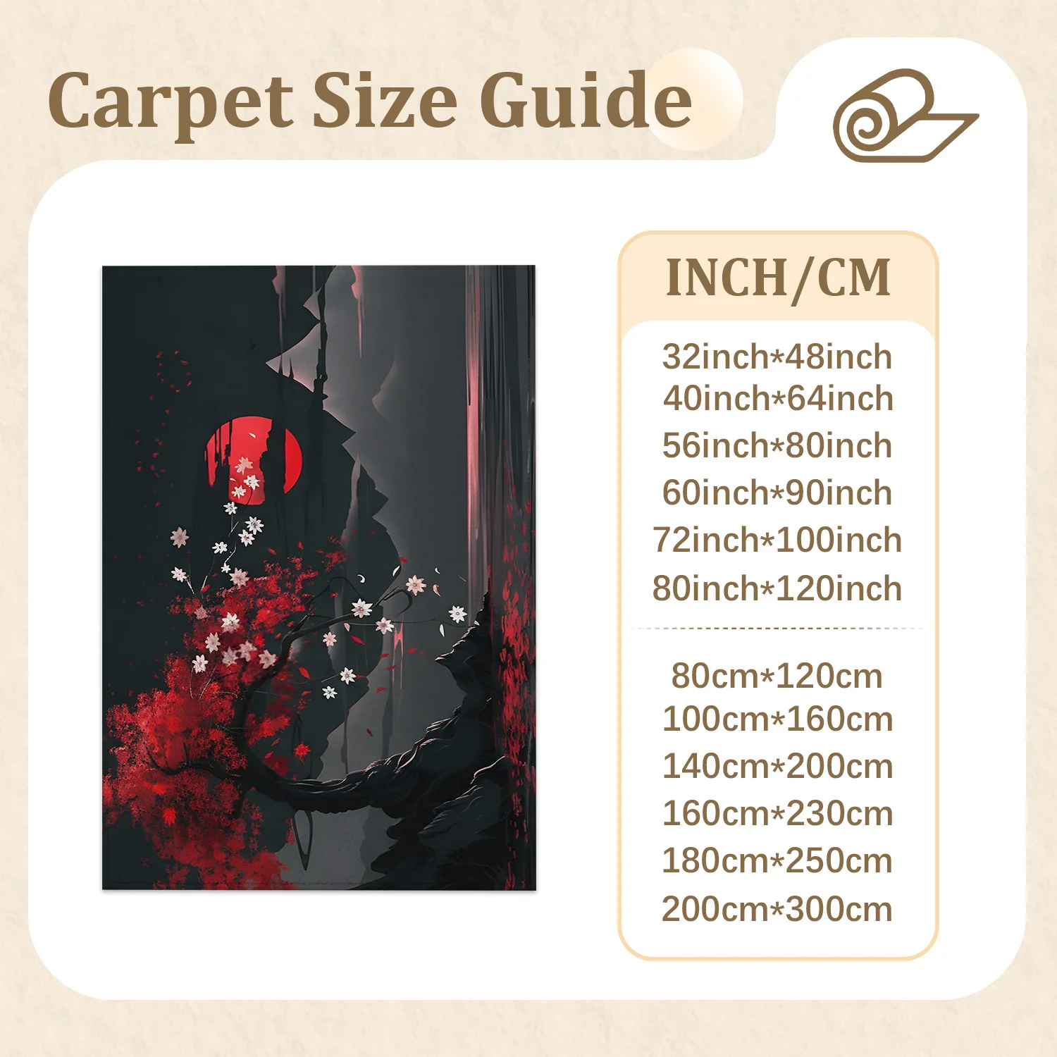 Large Indoor Area Rug, Soft Velvet Low Pile with Non-Slip Dotted Backing, Machine Washable Japanese Cherry Blossom Red Sunset Mountain Pattern, Decor for Living Room Bedroom