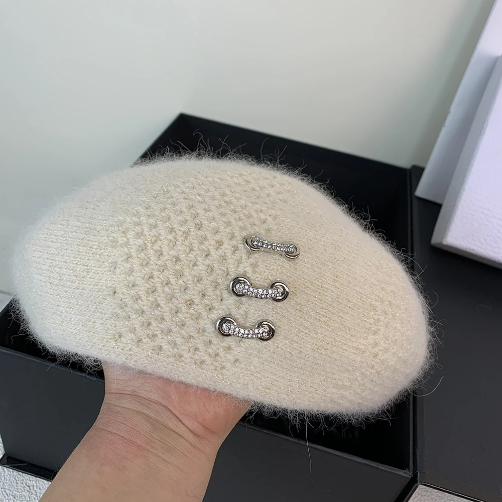 Designer Women's Beret Real Rabbit Fur Knitted Hat Winter Warm Beanie Female Berets French Painter Hat