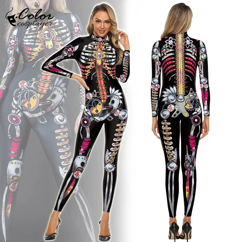 สี Cosplayer ฮาโลวีนแน่นผู้หญิง Zentai ชุด Steampunk Skeleton พิมพ์ Bodysuit Purim เทศกาลคอสเพลย์เครื่องแต่งกาย Catsuits