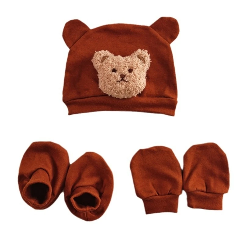 B2EB 1 Set Newborn Bonnet Hat with Plush Bear Pattern Includes Gloves and Socks