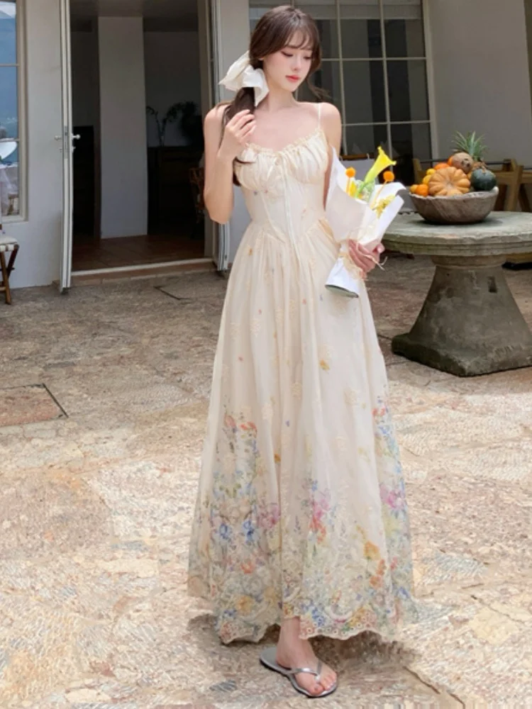 

SMTHMA New Fashion Gradient Printed Chiffon Sexy Spaghetti Strap Dress Women's French Elegant Embroidery Hollow Out Long Dresses