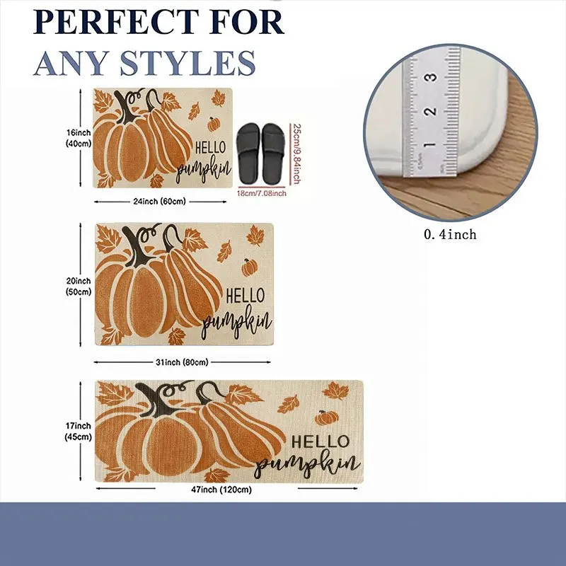 1pc Indoor Entrance Welcome Floor Mat Hello Pumpkin Maple Leaves Print Flannel Material Anti-Slip Comfortable Easy to Clean Ideal for Bedroom Living Room Home