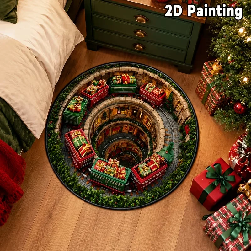 Christmas Gift Train Vortex 3D Optical Illusion Round Rug, Retro Tunnel Present Train Print, Decor Area Carpet