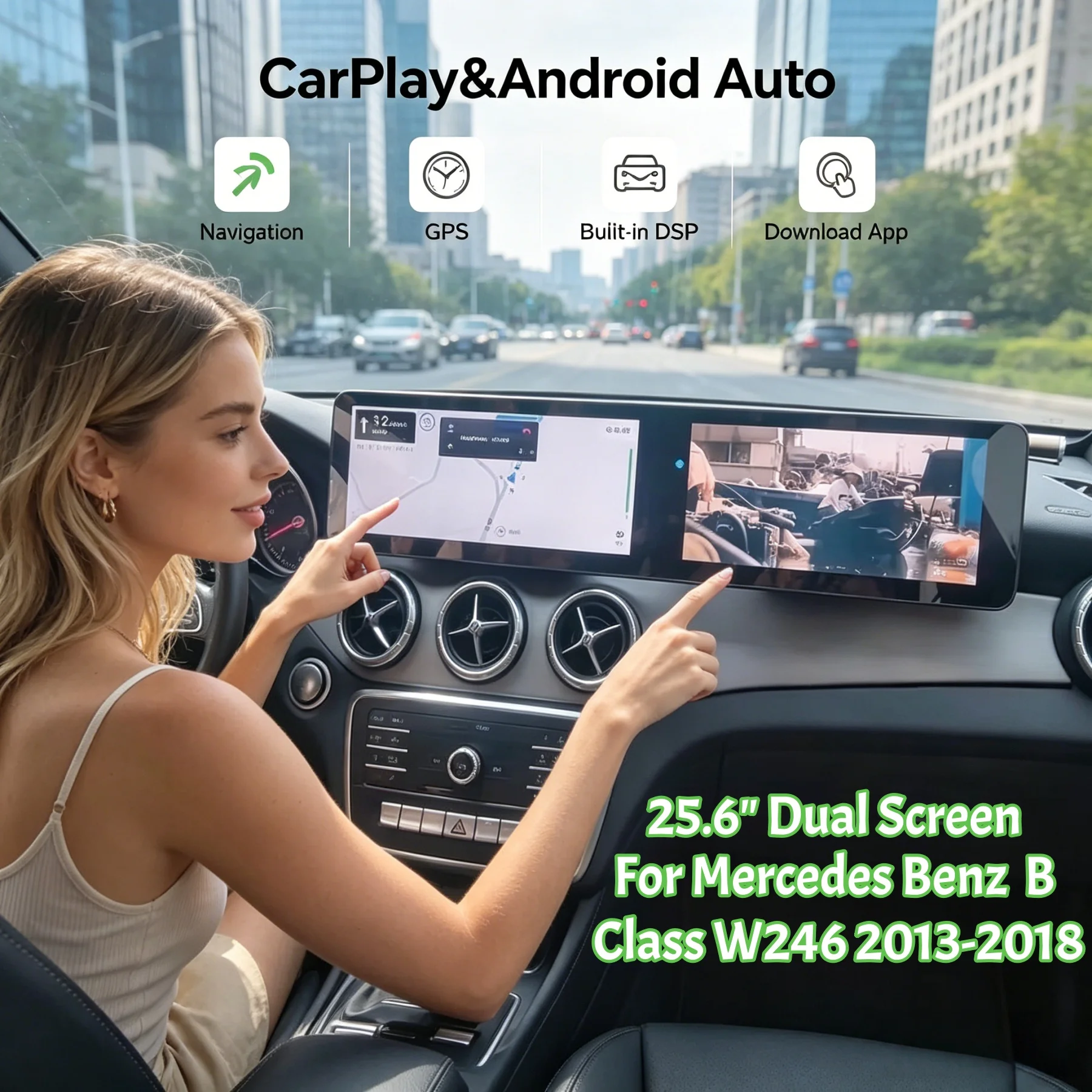 25.6 inch Dual Screen LHD RHD Android Auto Carplay For Mercedes Benz B Class W246 2013-2018 GPS Car Stereo Multimedia Head Unit