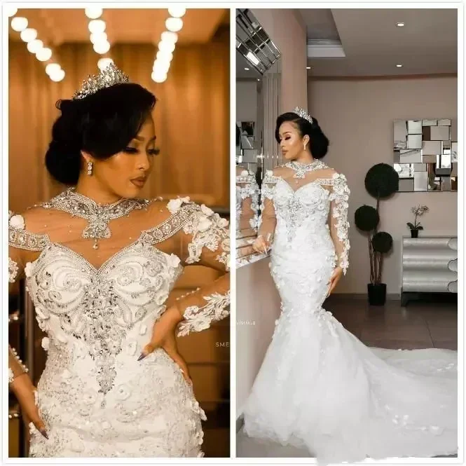 

Customized Mermaid Wedding Dresses Illusion Long Sleeve 2023 Sparkly Luxury Crystal 3D Floral Lace Plus Size Castle Wedding Gown