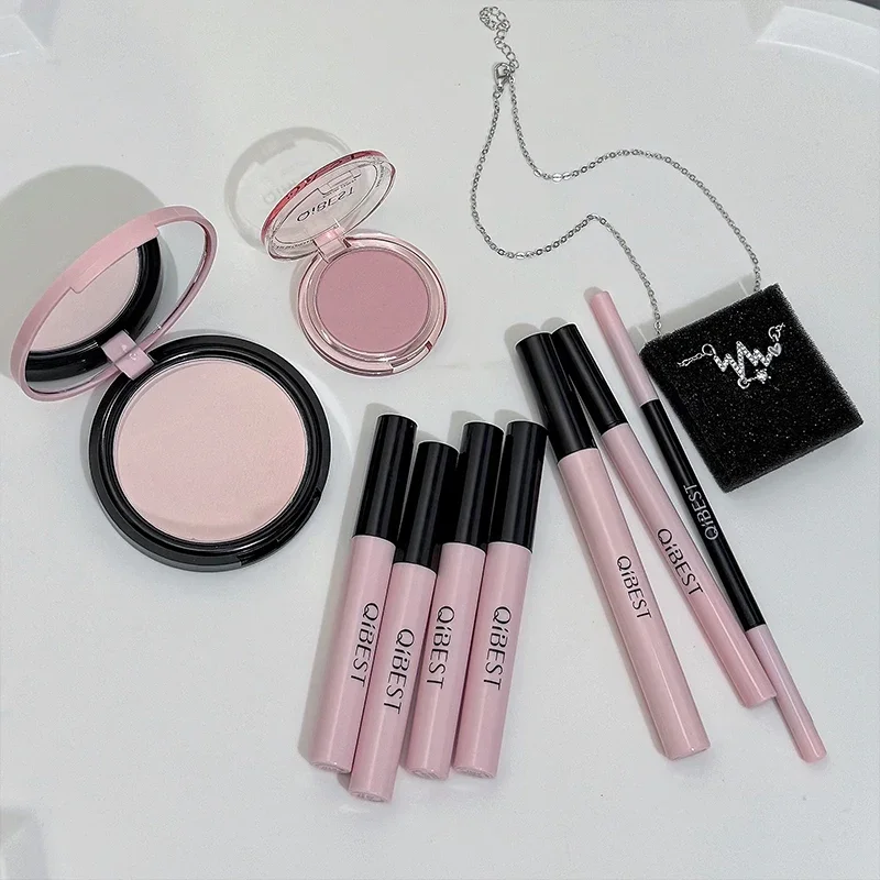 QIBEST Set di trucco da 9 pezzi 4 pezzi Fango per labbra, 1 polvere pressata, 1 fard, 1 eyeliner, 1 mascara, 1 matita per sopracciglia Kit di cosmetici per l'aspetto della fotocamera