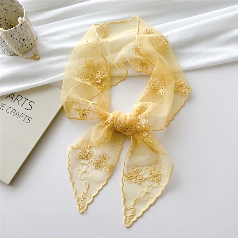 Handmade Elegant Embroidery Flower Small Shawl Lace Triangle Scarf Women Lady Office Sheer Scarf NEW Ribbon Wrist Band Hair Band