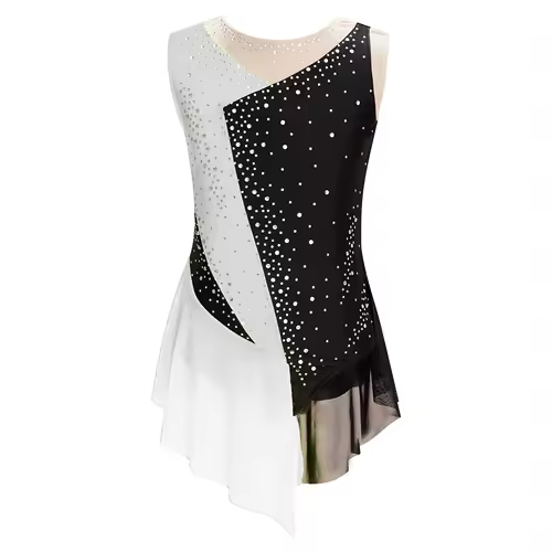 Kids Girls Figure Skating Rhythmic Gymnastics Leotard Dress Asymmetrical Split Shiny Rhinestones Contrast Color Dress Ballerina - Image 13