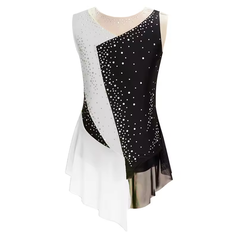 Kids Girls Figure Skating Rhythmic Gymnastics Leotard Dress Asymmetrical Split Shiny Rhinestones Contrast Color Dress Ballerina - Image 13