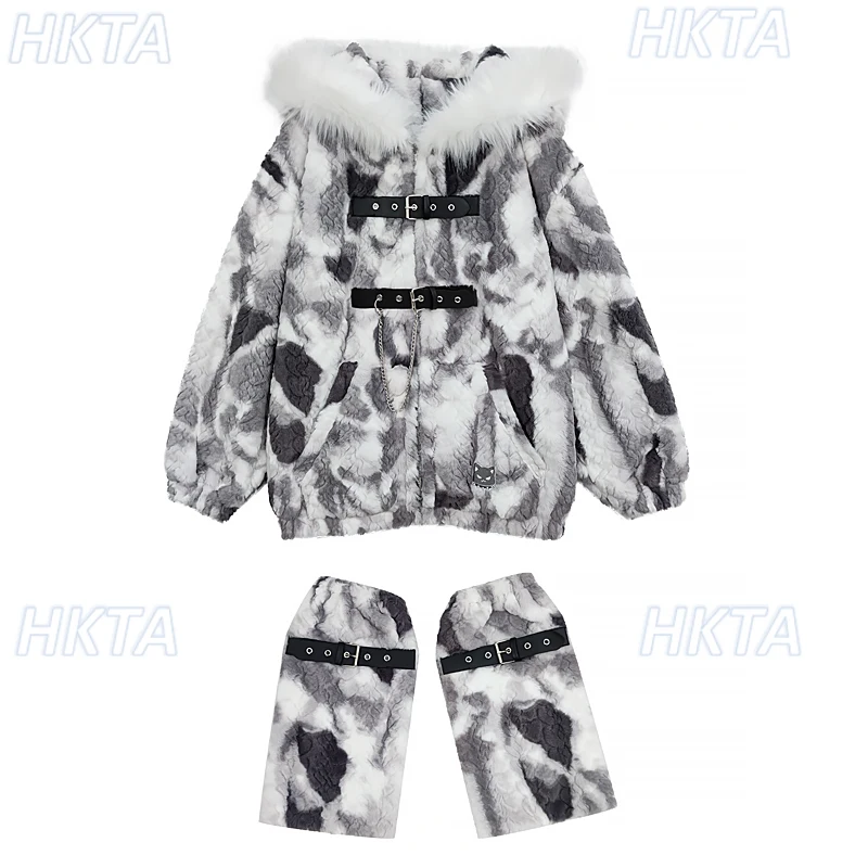 Goth Y2k Cos Plüsch Cartoon Gepolsterte Mäntel Weibliche Winter Neue Warme Punk Subkultur Lose Mit Kapuze Pelz Jacken Lange Strickjacke Frauen