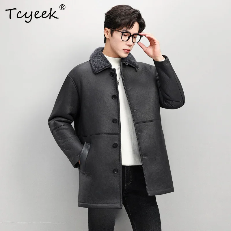 Tcyeek Cozy Sheep Wool Coat Mens Genuine Sheepskin Winter Jacket Men Top Quality Mid-length Lapel Collar Thickened Men's Clothes