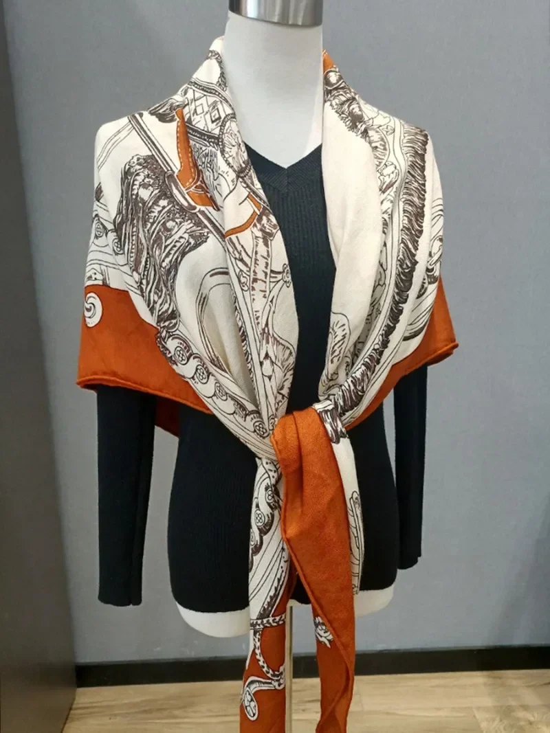 High-end Elegant Women's Fashion Personality Orange Saddle Printed Quality Silk Cashmere Hand-rolled Edge Warm Scarf Shawl Wrap