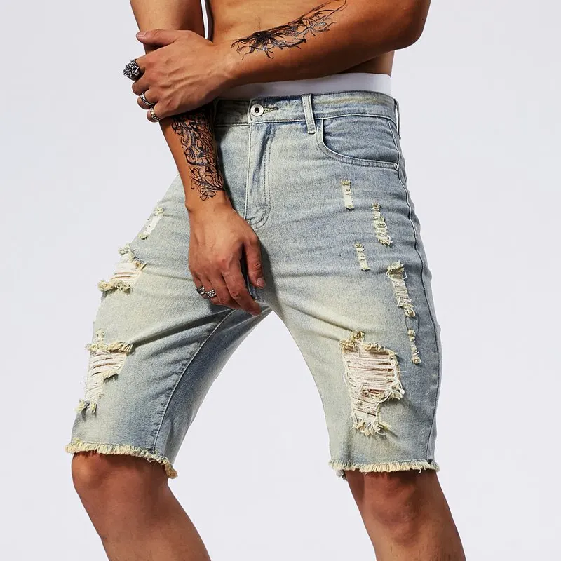 Retro washed nostalgic distressed denim shorts for men\'s summer slim fit stretch street fashion trend casual capris