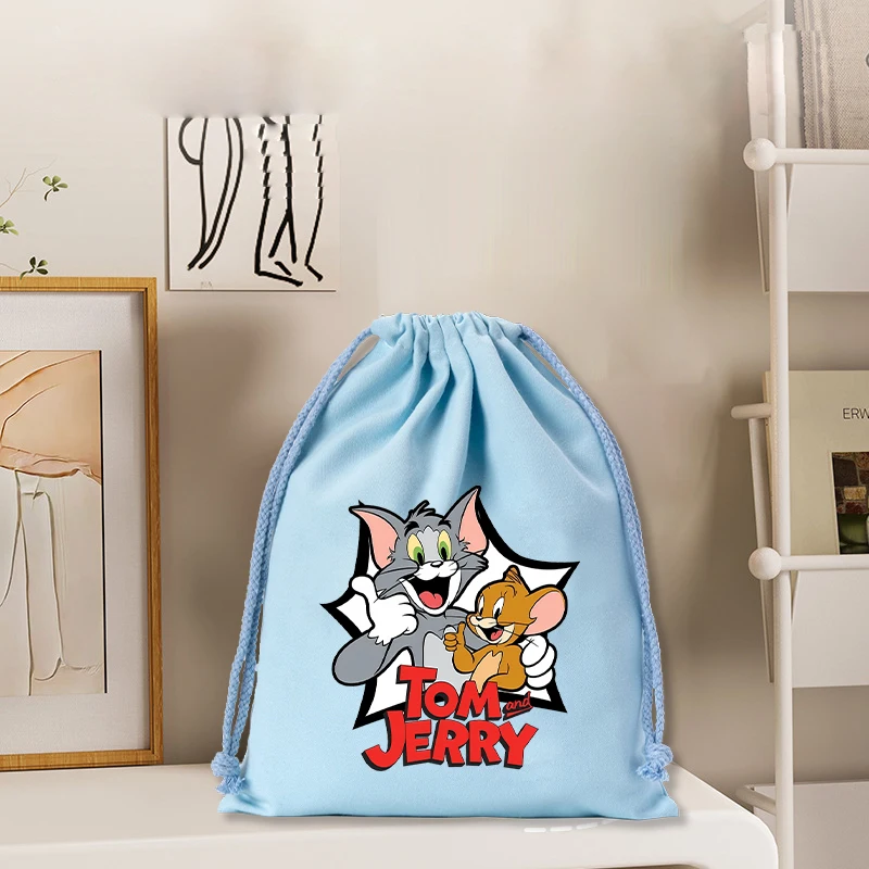 Tom and Jerry Cotton Drawstring Pouch Cute Cartoon Printed Storage Portable Fashion Birthday Makeup Candy Gifts Packaging Bags