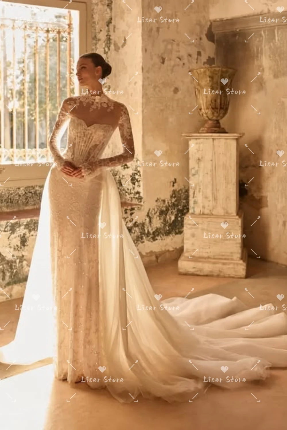 Liser Customize Ivory High Neck Long Sheer Lace Mermaid Wedding Dress Detachable Satin Overlay Vintage Luxury Robe De Mariée