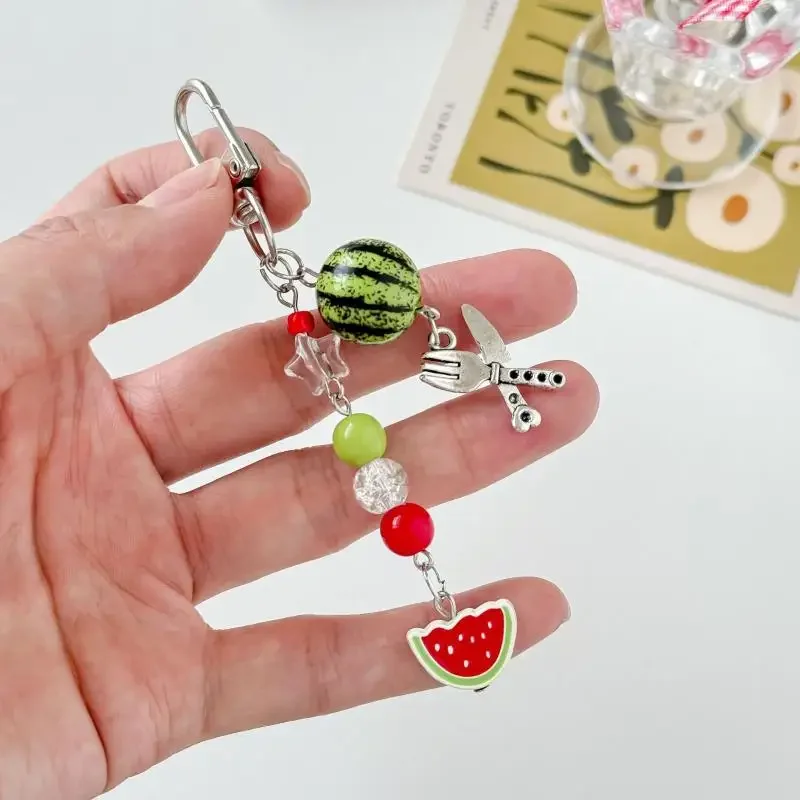Cute Fruit Keychain Creative Summer Watermelon Pendant Key Chain Beaded Mobile Phone Anti-lost Lanyard Bag Decorative Keyring