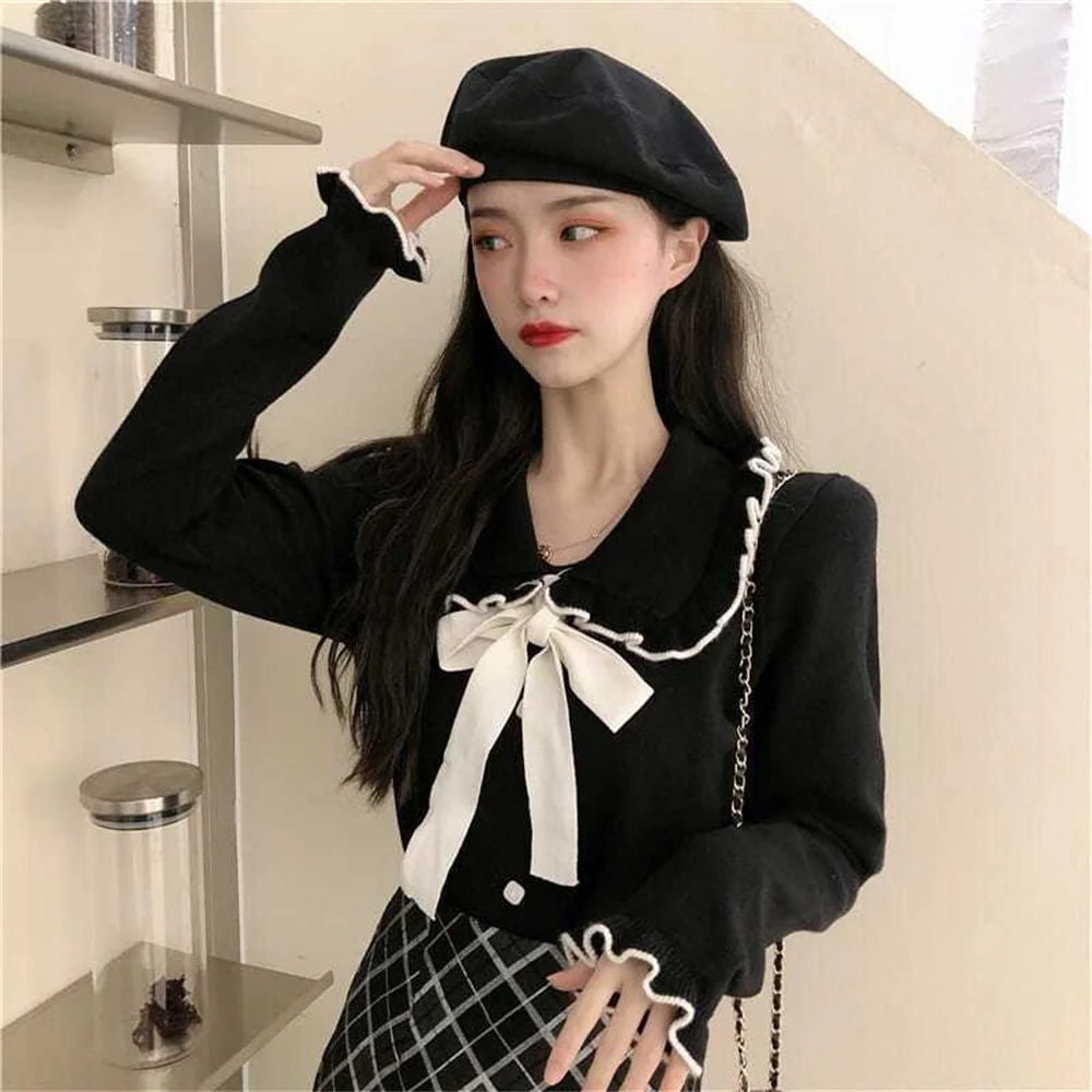 

Женские свитера, женский трикотаж, женский вязаный топ с воротником Питера Пэна, осенне-зимний пуловер, рубашки, пуловер с милым бантом