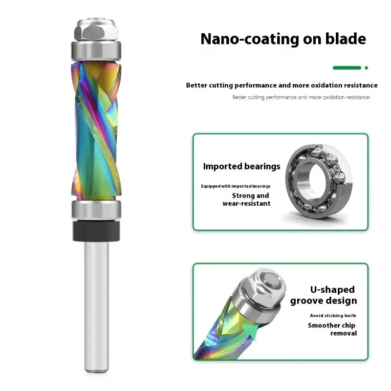 1/4 inch 6.35mm handle nano coating spiral compression leveling trimming planer head top and bottom bearing milling cutter
