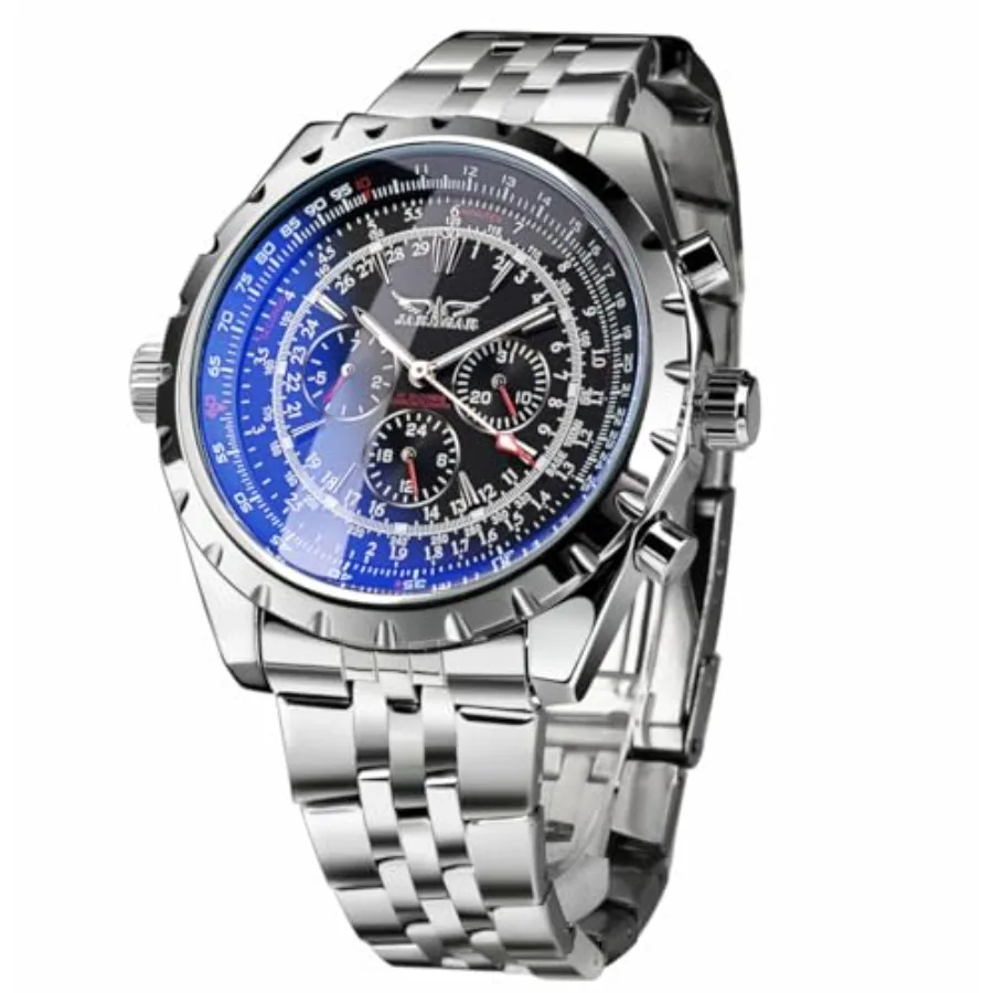 

Blue Glass Design Silver Automatic Watch Stainless Steel Date Clock Luminous Men Business Mechanical Wristwatch