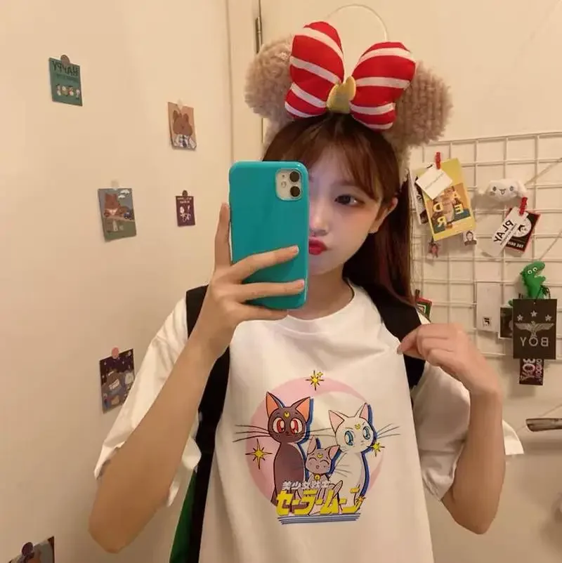 100% cotone Harajuku Sailor Moon Cat Letters Print Y2k top Summer Streetwear Kawaii Clothes maglietta oversize abbigliamento donna