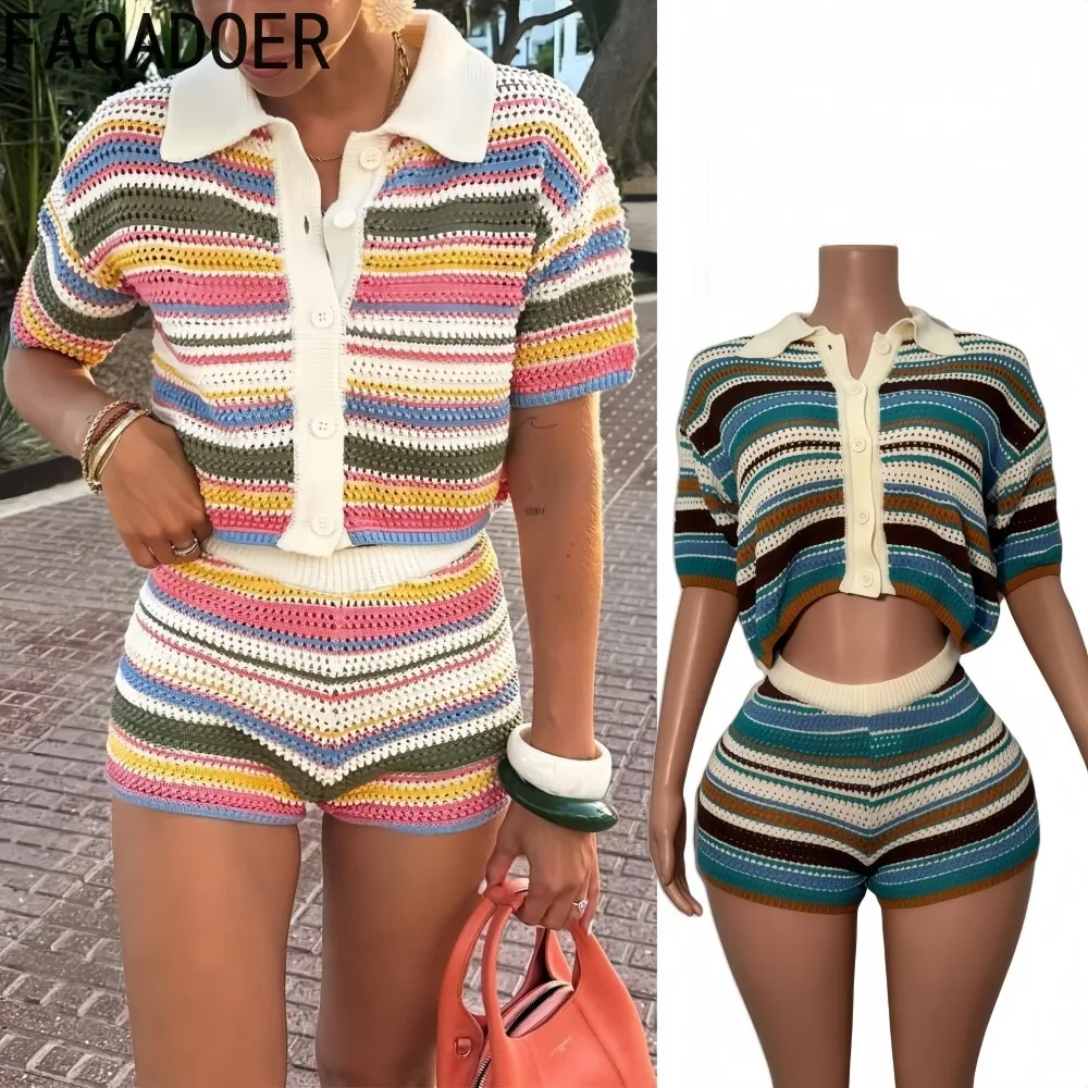 

FAGADOER Fashion Striped Knit 2 Pieces Set for Woman Outfit Color Block Lapel Short Sleeve Crop Top + Shorts Matching Streetwear