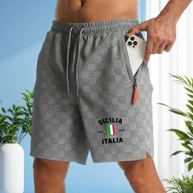 

Мужские повседневные шорты в итальянском стиле с принтом флага Сицилии, клетчатой текстурой, на шнурке, спортивные, с карманами