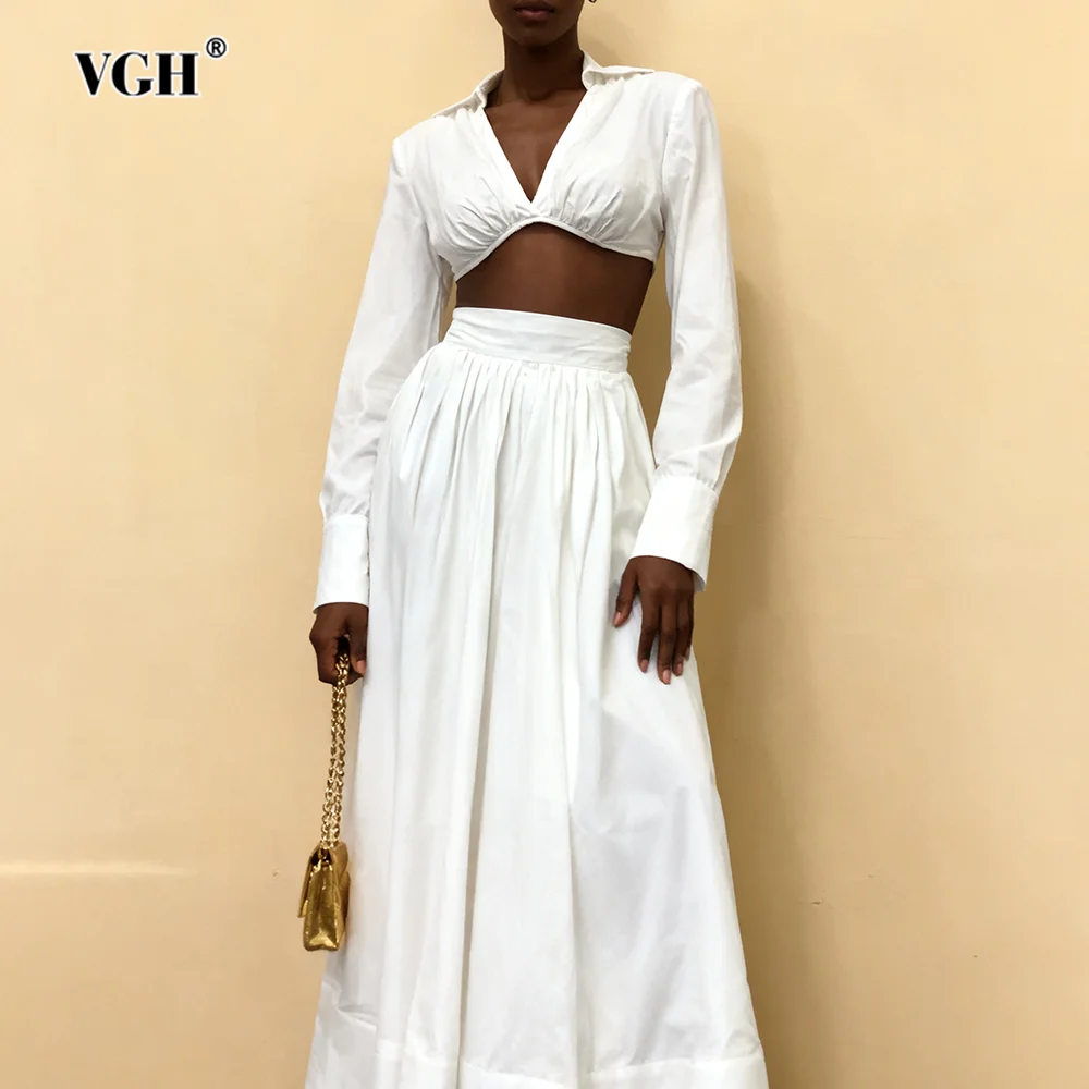 

VGH French Style Sexy Solid Two Piece Sets For Women V Neck Long Sleeve Mini Top High Waist Skirt Temperament Set Female Fashion