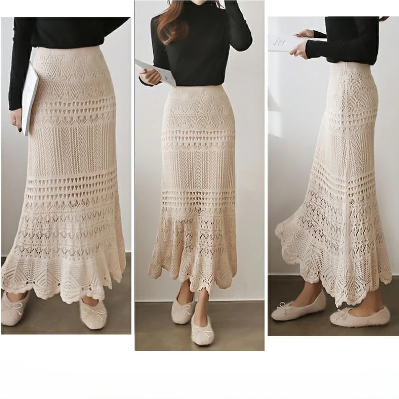 Summer Elegant Ladies Knitting Long Slim Skirts Women Hollow Out Elastic High Waist Skirt Black Ladies Casual Hips Skirt Q736