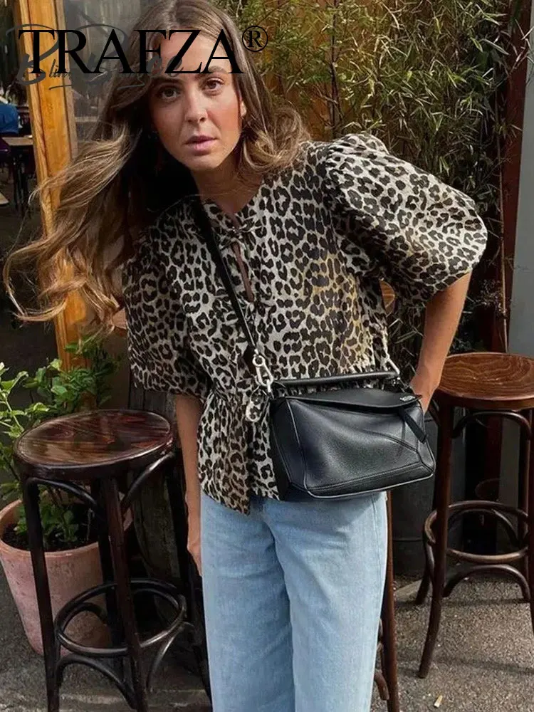 TRAFZA Women Leopard Shirts Streetwear 2024 Summer Puff Sleeve Bow Lace Up Blouse Casual O Neck Chic Hollow Out Loose Tops