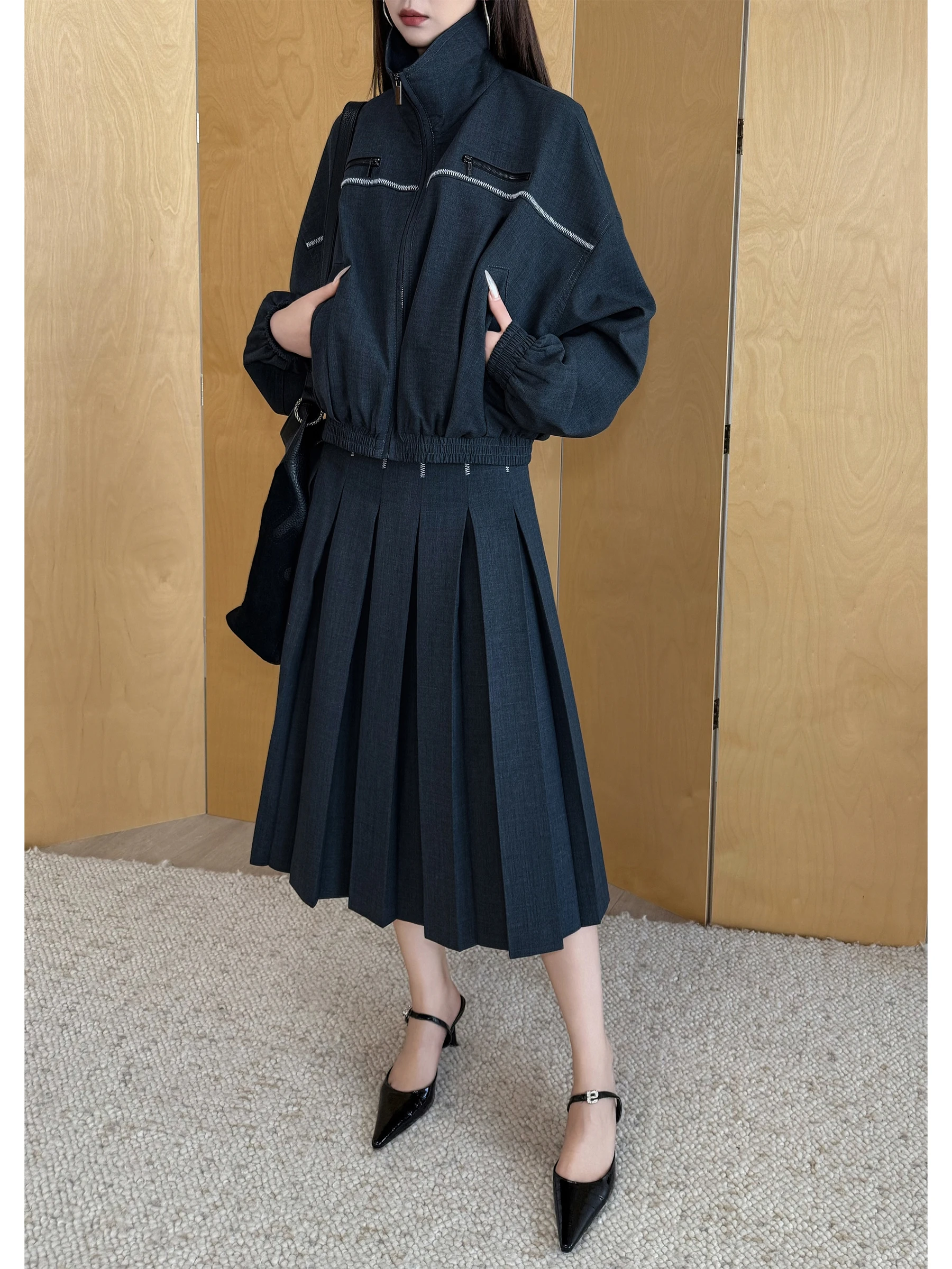 

Комплект из шерстяного пальто и юбки Nancy Cavally High Twist Precision Spun: рабочая одежда с длинными рукавами, на молнии, прямого кроя