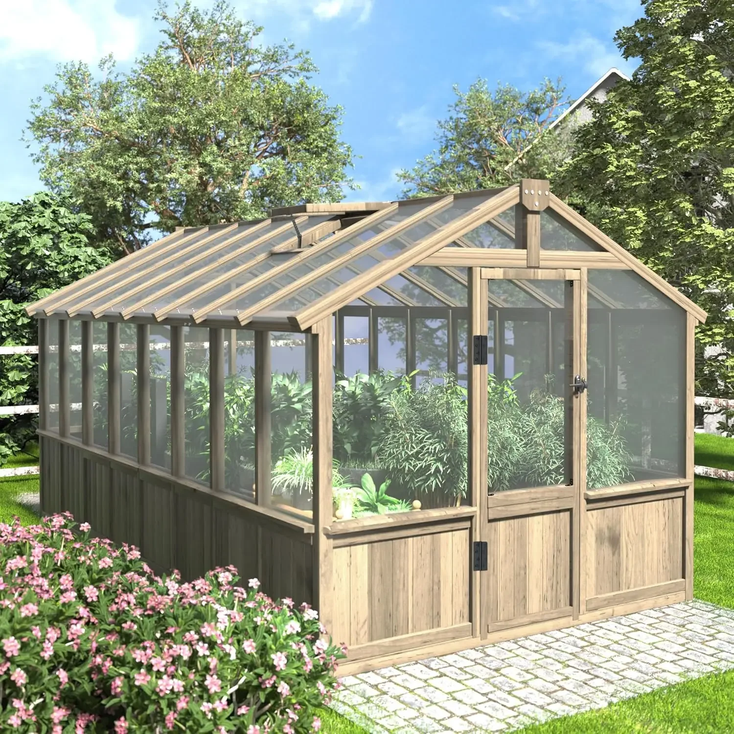 8x16 FT Greenhouse for Outdoor, 6MM Thick Polycarbonate Panel Wooden Walk-in Green House with Adjustable Roof Vents, Customized