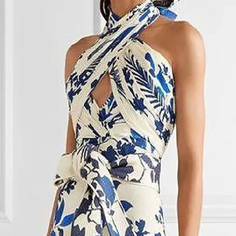 Impressão feminina verão vestido longo halter sem mangas cintura alta praia vestido de verão fora do ombro oco para fora em camadas maxi vestidos femininos