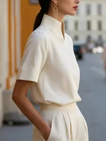 Stand Collar Short Sleeve Blouse Elegant Office Wear Casual Workwear Tops for Women - Image 2