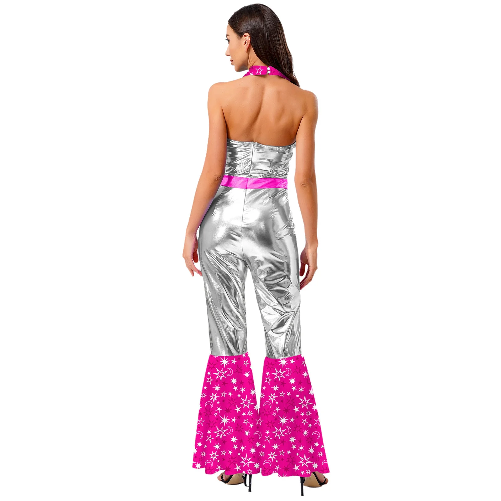 Damen 70er 80er Disco Vintage Overall Metallic ärmellos Ganzkörper Body Hippie Bell Bottom Jazz Dance Karneval Rave Party Kostüm