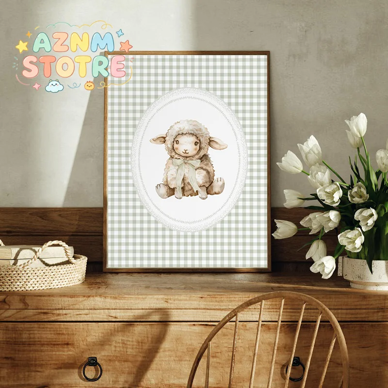 Vintage Hot Air Balloon Baby Sheep Cow Teddy Bear Plane Poster Canvas Painting Print Wall Art Sage Green for