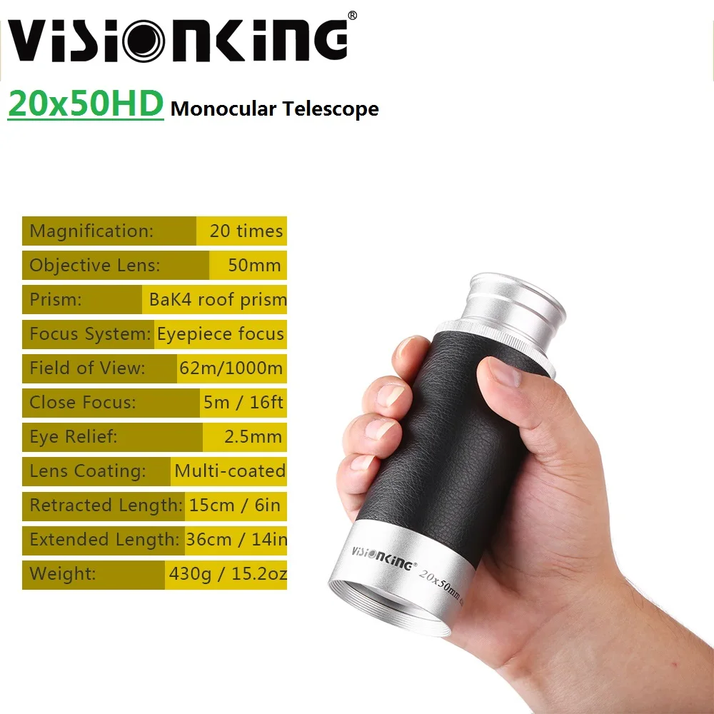 Visionking Extended 20x50 Collapsible Handheld Monocular Bak4 Roof Prism Portable Outdoor Birdwatching Hunting Camping Telescope