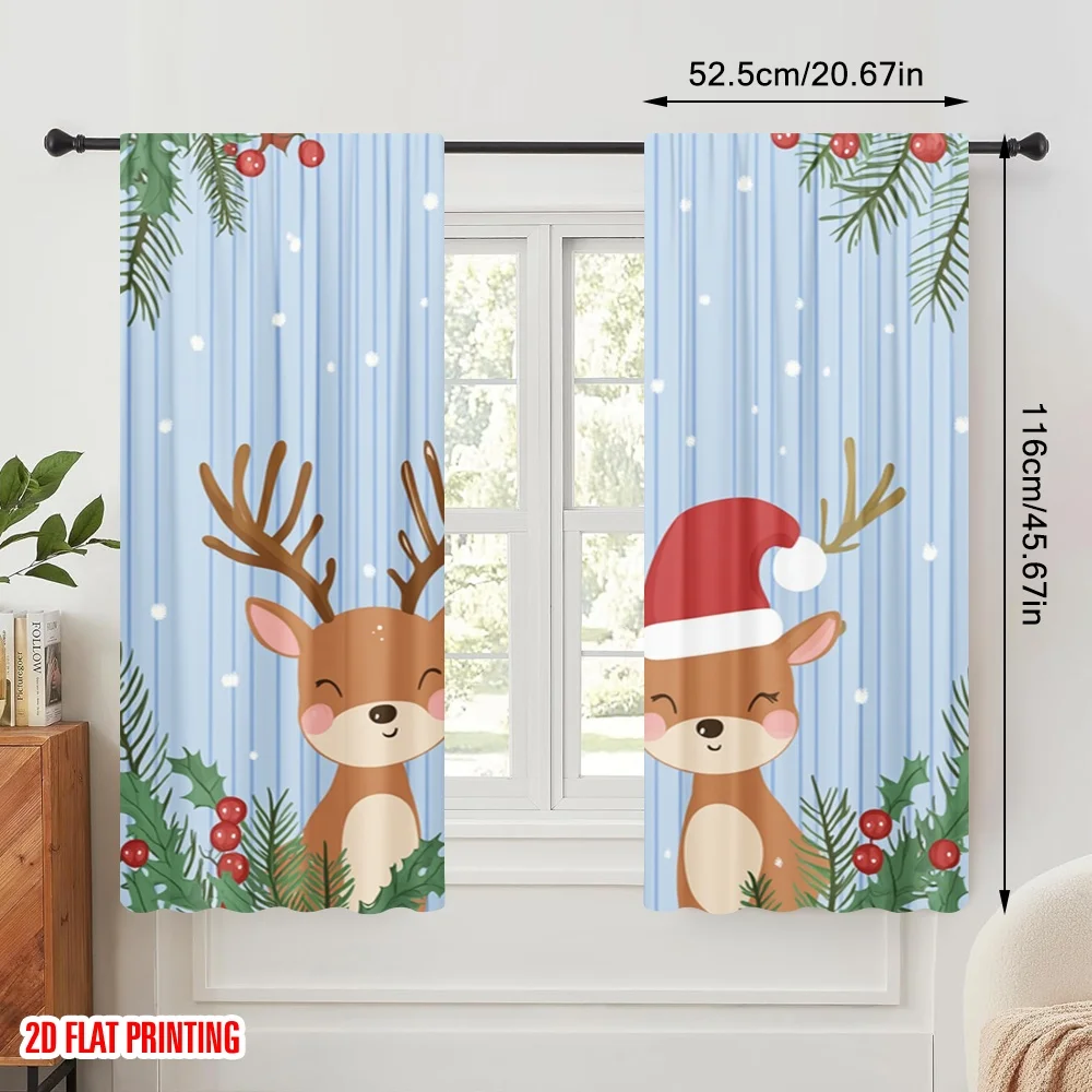 2pcs,2D plane printing Curtains Roller Blinds Cute Reindeer Merry Christmas Holiday 100% Polyester (without rod) Home Decor for