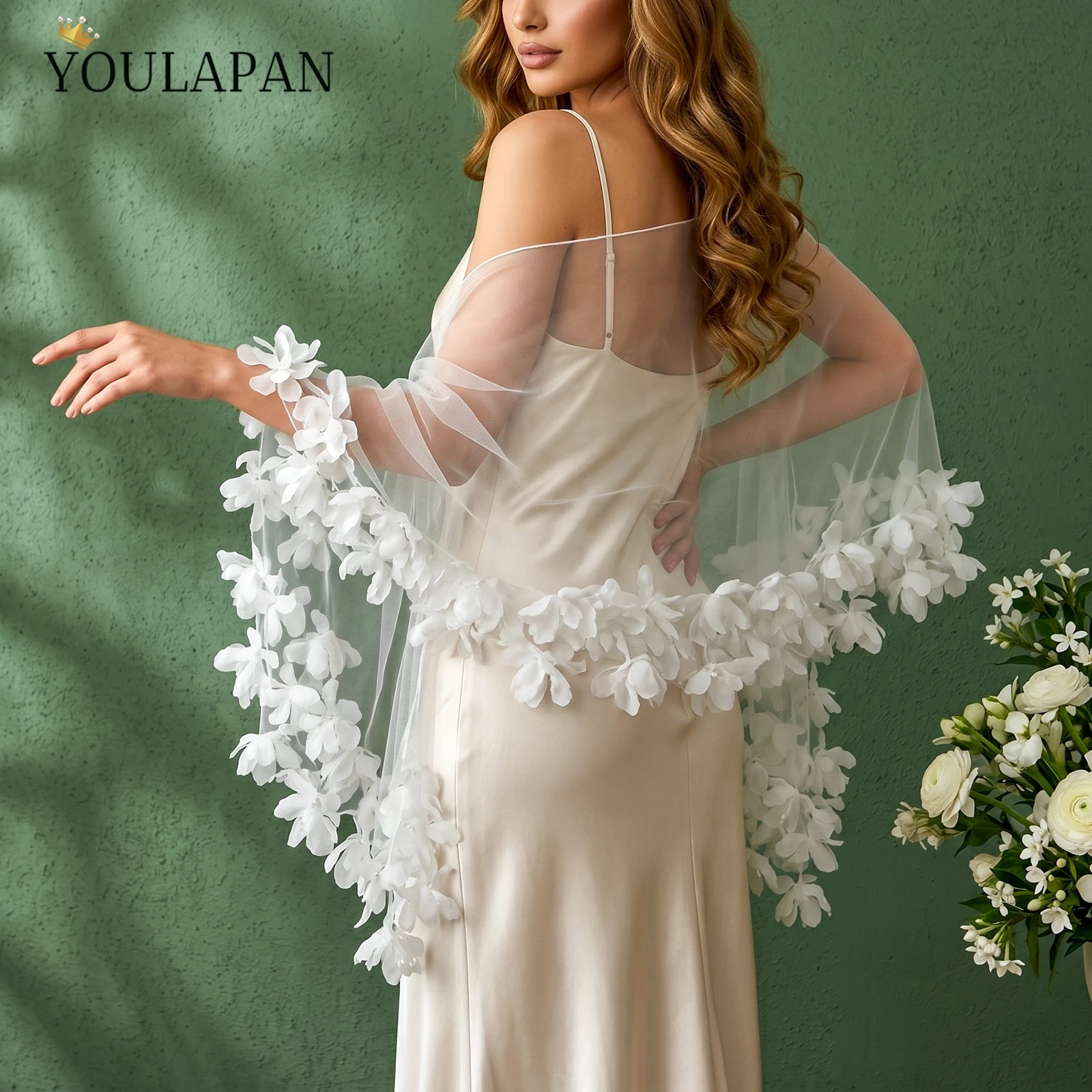 TOPQUEEN MG20 Brautschal mit Blumenrand, Tüll, Damen-Bolero, Brautjacke, Hochzeitsschleier, Capa Boda Novia, DIY, anpassbar – Detail 8