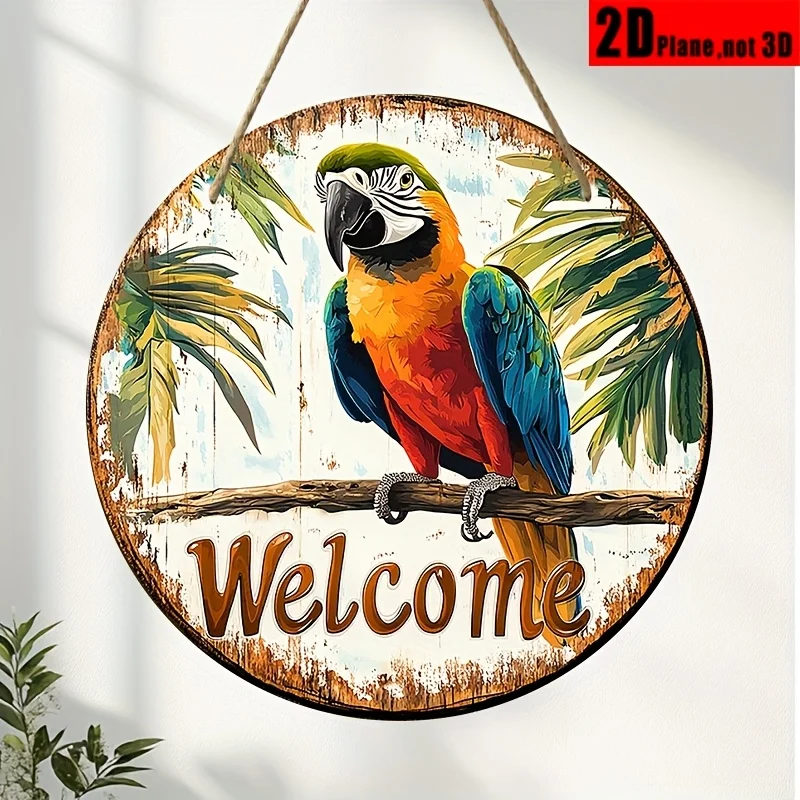 2D Flat 1pc, Round Wooden Welcome Sign with Vibrant Scarlet Macaw - Vintage Farmhouse Wall Decor for Home, Party, Entryway, Holi