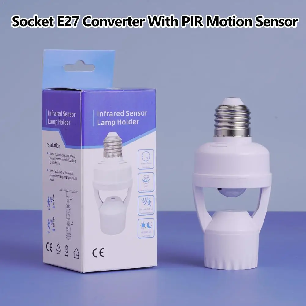 E27 LED Light Bulb Holder with PIR Infrared Motion Sensor Screw Socket Lamp Switch 360 Degrees Adjustable Detection Button