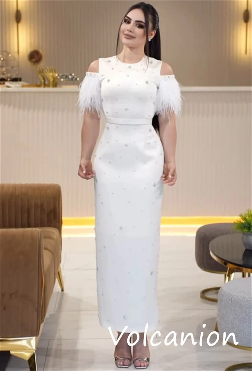 Customized Matching Elegant Jersey Sequined Straight Scoop Neck Midi Dresses Bespoke Occasion Classic