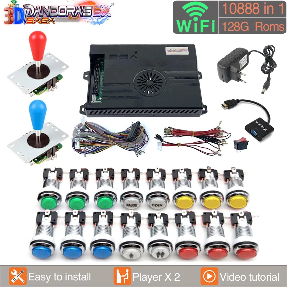 

128GB 3D Pandora Saga EX2 Arcade Box 10888 in 1 DIY Kit Game Console 8 Way Joystick Led Light Switch Push Button Cabinet Bartop