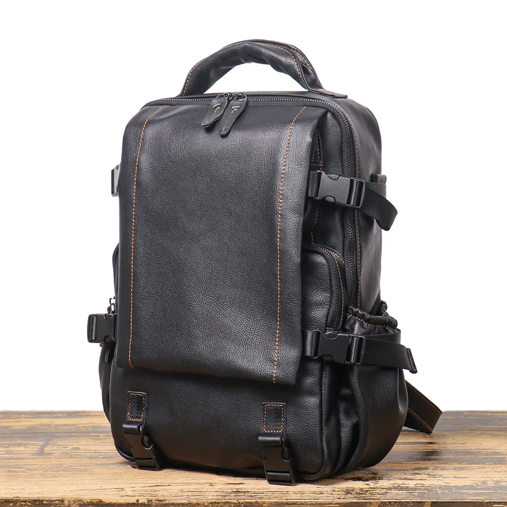 ROOG Fashionable Black Multifunctional Genuine Leather Backpack, Large-Capacity Top-Layer Cowhide Book Bag.